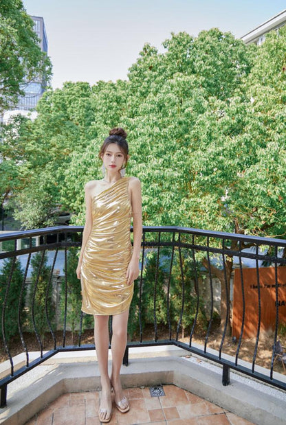 DOLLY Gold Slant Collar Off Shoulder Pleated Body Hug Midi Dinner Dress-AURELIA