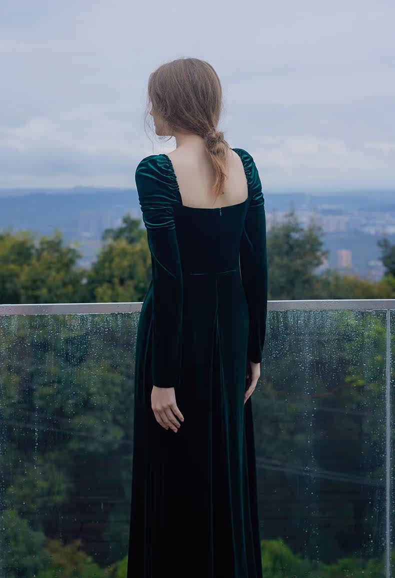 GOUDIN long dark green vintage velvet evening party-BOGNA.