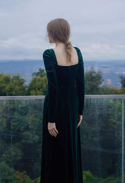 GOUDIN long dark green vintage velvet evening party-BOGNA.