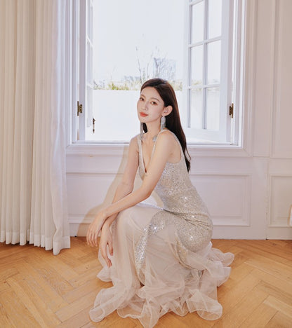 DOLLY Elegant Deep V-Neck Sleeveless Sequin Mesh Long Cocktail Dress-JUSTINA