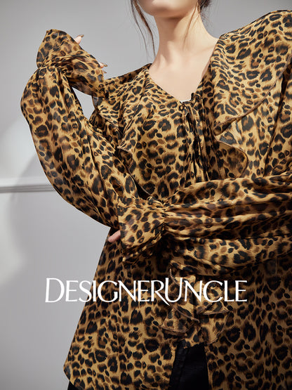DGU |Leopard print light luxury niche loose retro V-neck design long-sleeved top - GLORY.