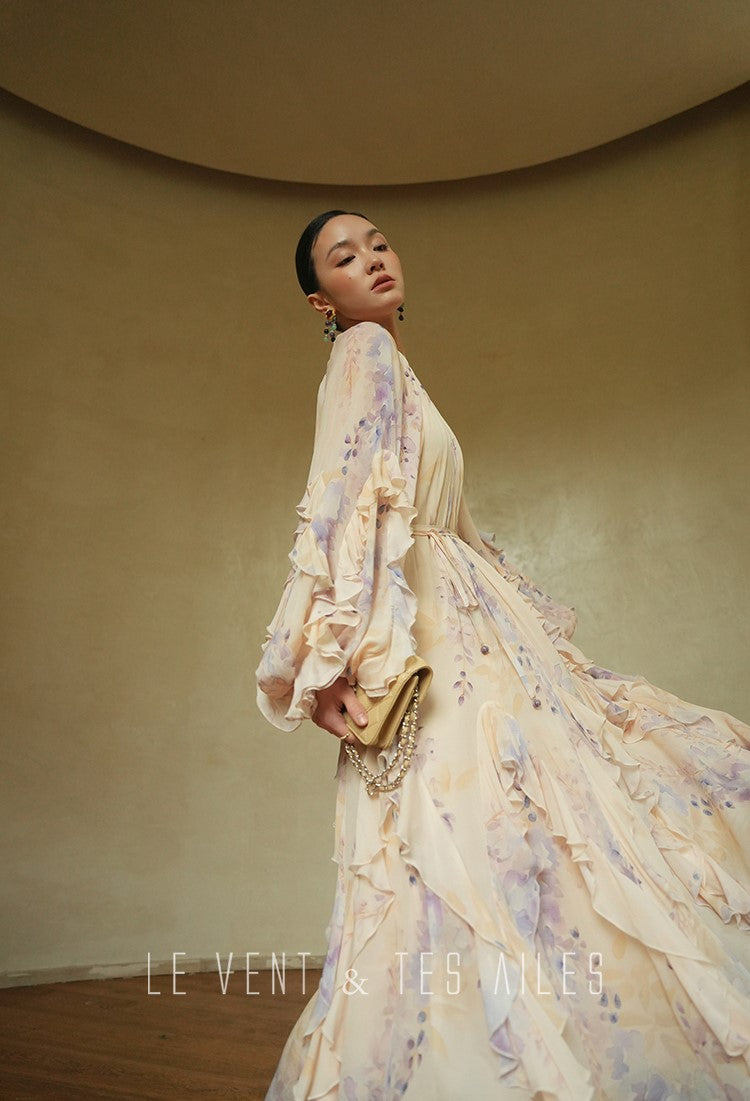 LE VENT&TES AILES floral print silk resort summer vacation maxi dress-GWEN