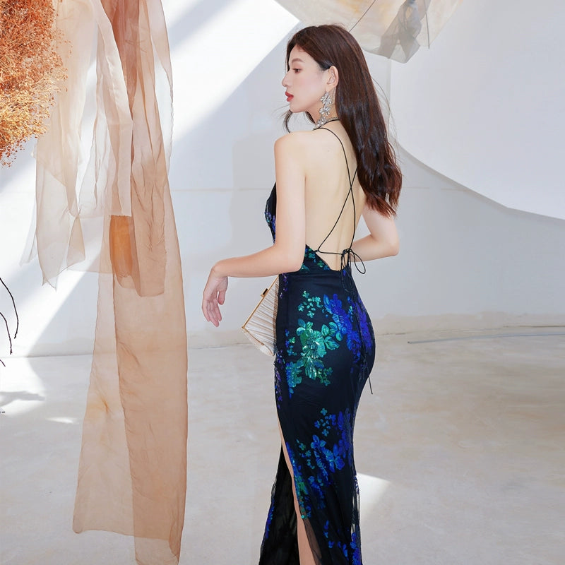 DOLLY High End Sleeveless V-Neck Halter Neck Backless Sexy Long Dress-LEAH