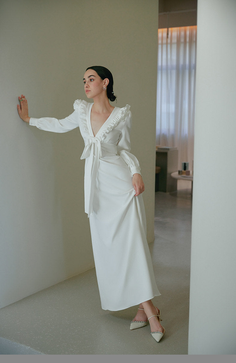 GOUDIN Small white long sleeves party evening dresses-MIA.