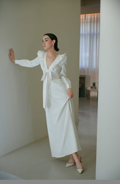 GOUDIN Small white long sleeves party evening dresses-MIA.