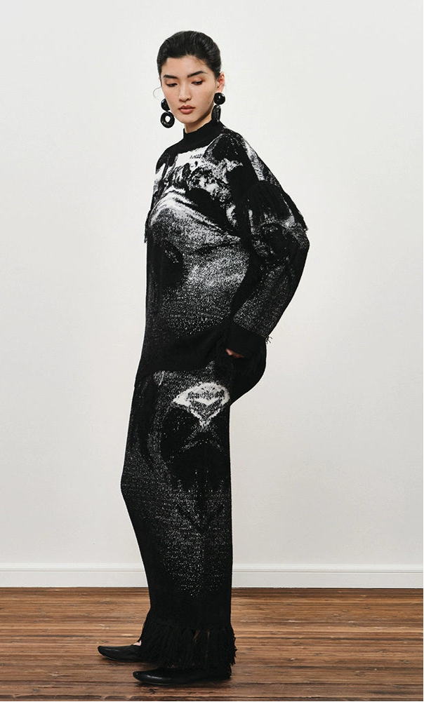 ZHUCHONGYUN winter fringed wool jacquard knit long skirt--MINATO.