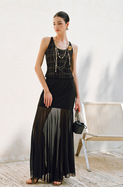 WANGXO | Twill Roman Knit with Lightweight Sheer Paneling  A-Line Hem Flowing Skirt  -RAYA