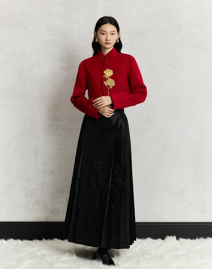 HECO 100% wool Embroidery Red black Short Double-Sided Tweed Jacket Women - out.