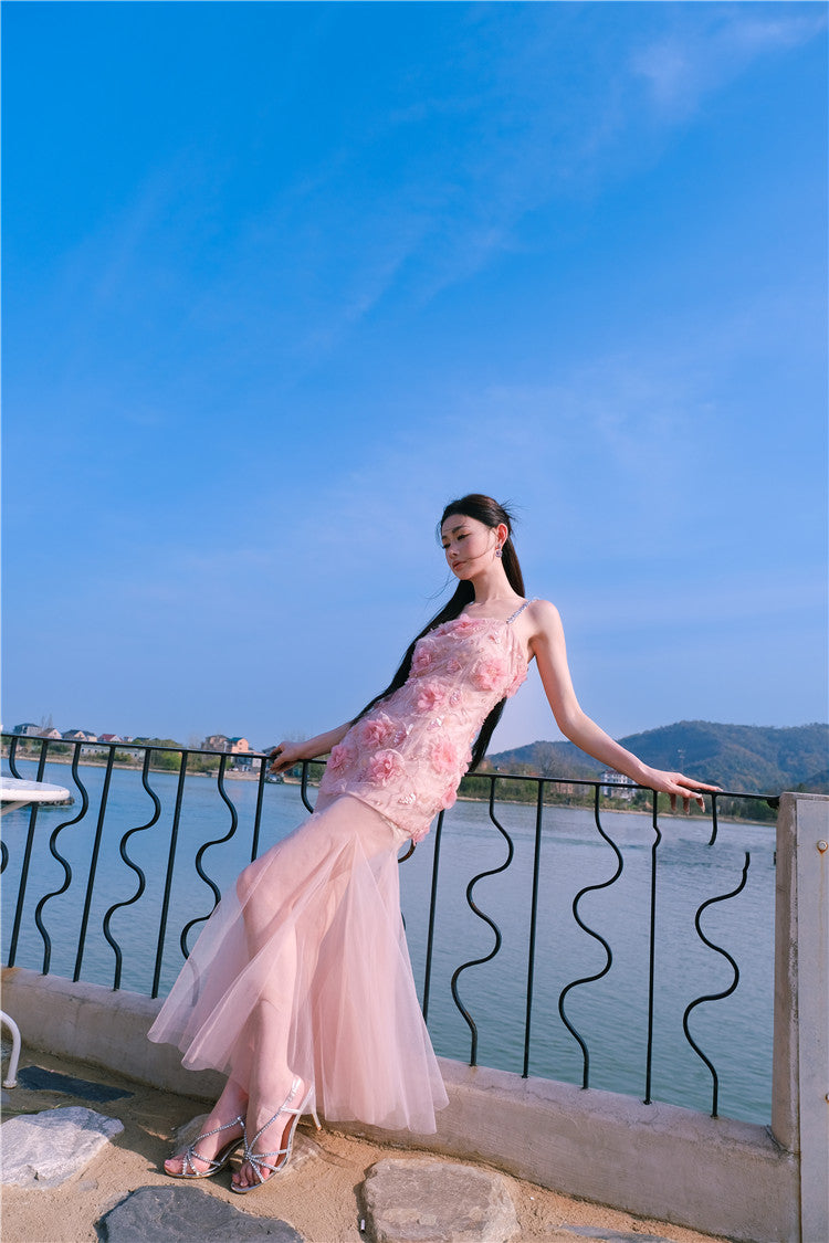 Wardrobes by Chen High End Pink Sleeveless Flower applique Sequin Dress-Bena