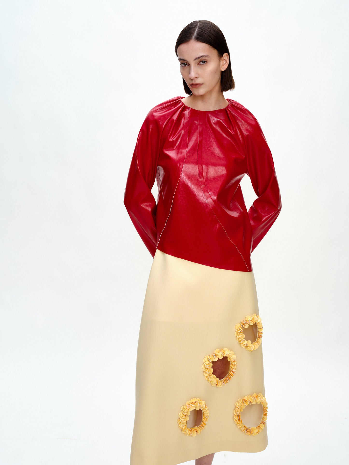SERRER Red long sleeved leather shirred asymmetrical top - KOFI.