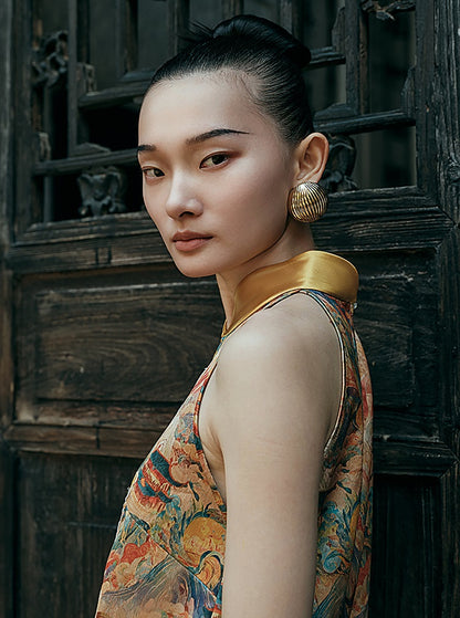 HECO Chinese Stand Collar Color-Blocked Golden Dragon Embroidery Dress - ZIPH