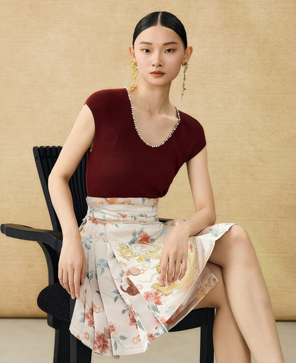 HECO Chinese style U-neck nail bead shoulder wrap small fly sleeve top - ROSE.