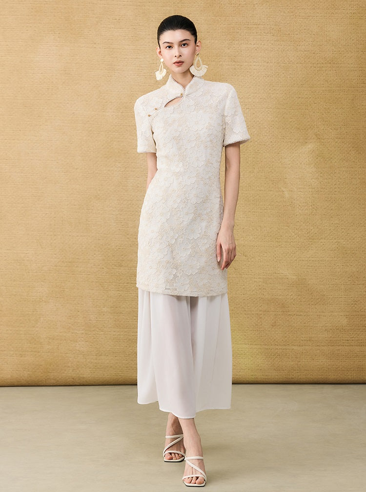 HECO Chinese style short-sleeved embossed flower summer cut-out short dress- TEMIRO.