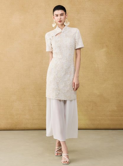 HECO Chinese style short-sleeved embossed flower summer cut-out short dress- TEMIRO.