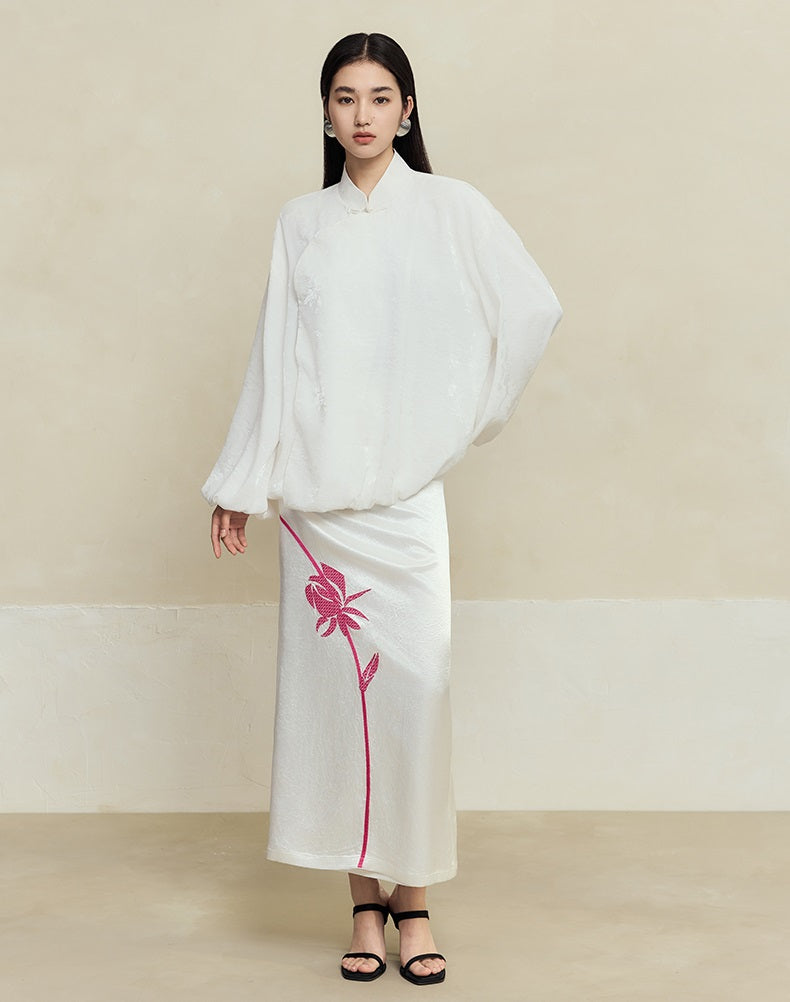 HECO 100% acetate rose embroidery texture black white skirt women - lifted.