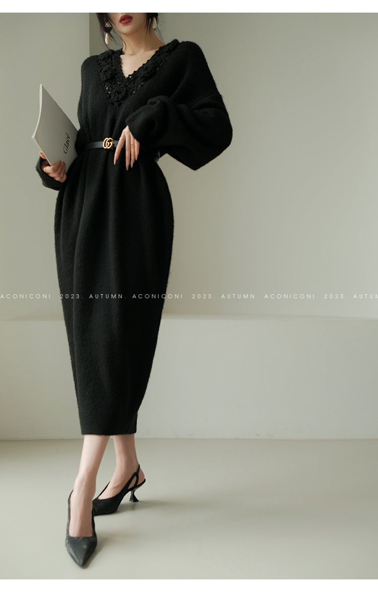 Aconiconi|Purple Flower Crochet openwork long cropped loose wool knit sweater  dress - Twilight