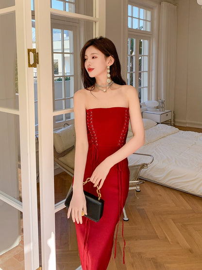 DOLLY Elegant Sleeveless Off Shoulder Tube Top Sexy Backless Midi Dress-XENNY