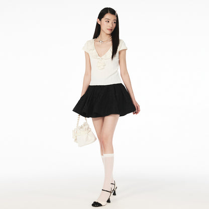 FAME Satin Embroidery Short Sleeve Top - ADRIAN