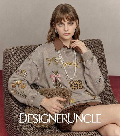 DGU×LAB "Twilight" gray sweatshirt new leopard print casual top - FAITH