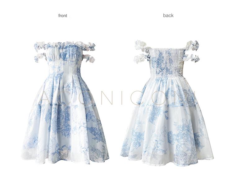 Aconiconi Luxury Light Blue Crew Neck High Waist A-line Short Dress- Haiyu M / Blue Aconiconi Luxury Light Blue Crew Neck High Waist A-line Short Dress- Haiyu M / Blue
