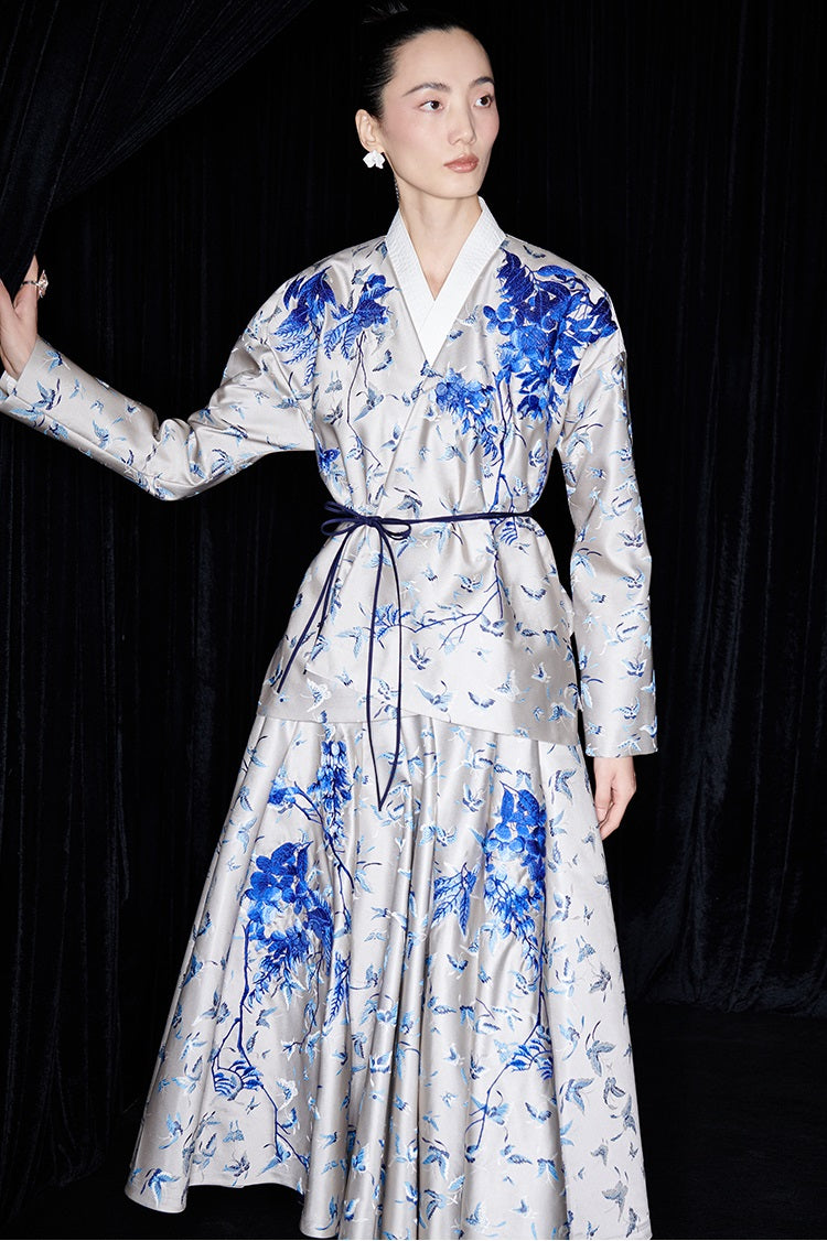 M essential Mackay designer butterfly dance jacquard blue vine and butterfly coat - WEST.