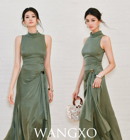 WANGXO | Luxe Cupro Maxi Sleeveless Drape Dress -ISOLINA.