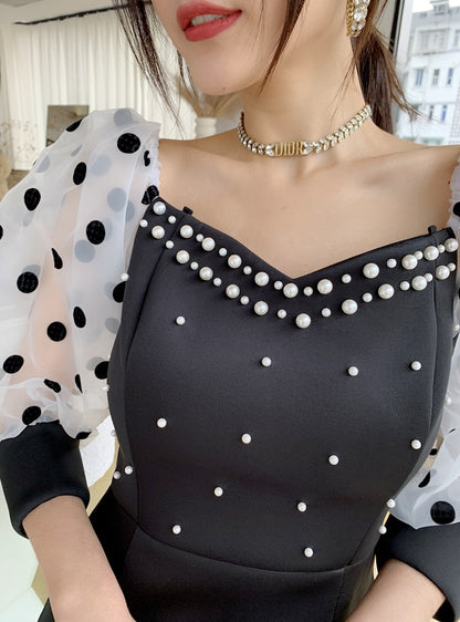 DOLLY Luxury Black Retro Style V-Neck Polka Dot Long Sleeve Slim Fit Dress-DEL