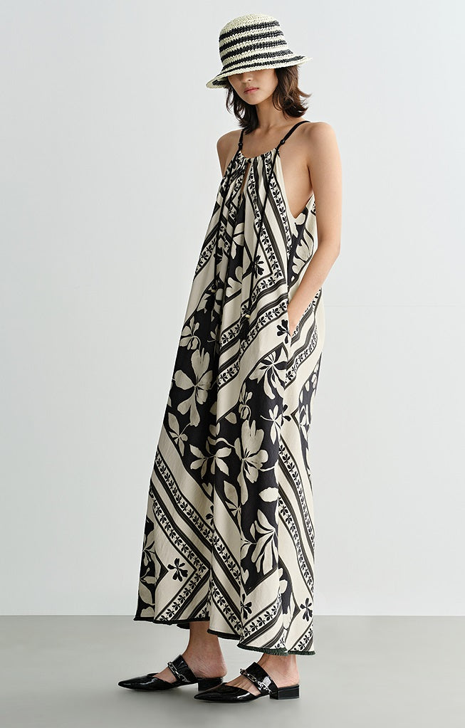 COMME MOI Lu Yan designer's black and white printed shirred dress - OAKLEY.