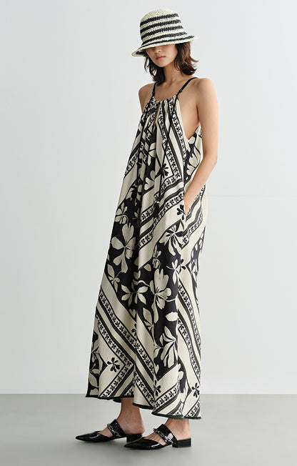 COMME MOI Lu Yan designer's black and white printed shirred dress - OAKLEY.