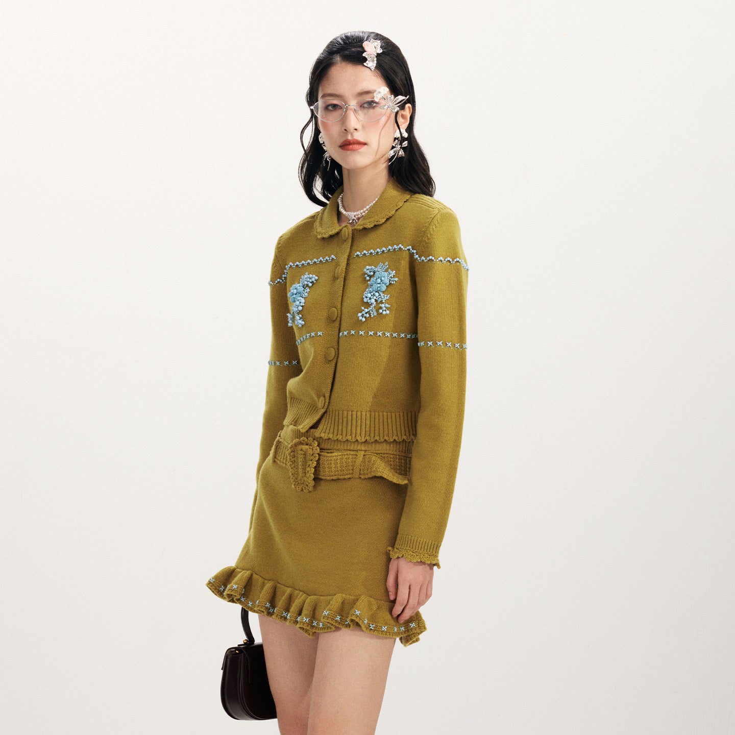 FAME Contrast Three-Dimensional Floral Beaded Knitted Cardigan Top - JESSICA.