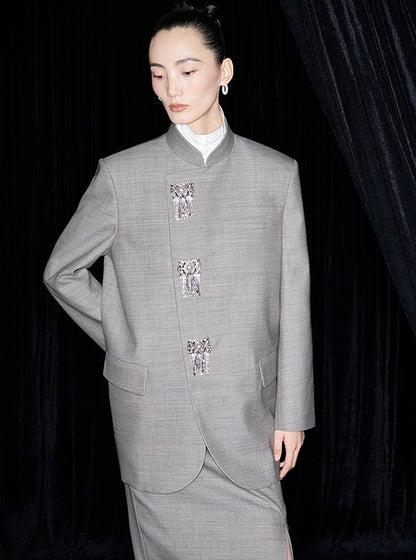 M essential Mackay designer raw linen skinny wool crystal lamp tassel bead suit - CHEN.