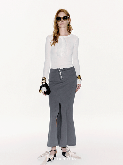 ATELIER MISS LU Cross Stray Design Front Slit Mermaid Maxi Skirt - AUTUM.