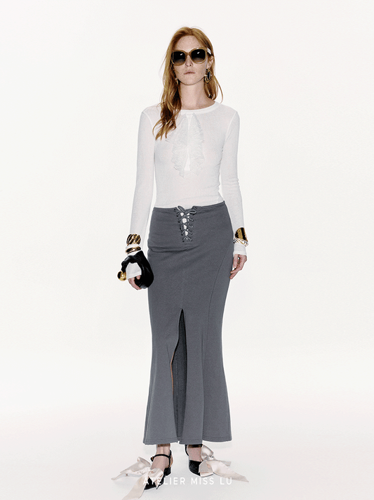 ATELIER MISS LU Cross Stray Design Front Slit Mermaid Maxi Skirt - AUTUM.