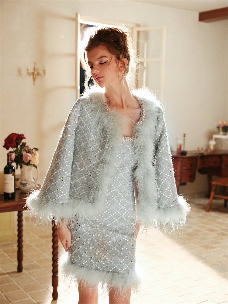 Wardrobes by Chen Luxury Long Sleeve Diamond Feather Jacket/ Strapless Dress-Red