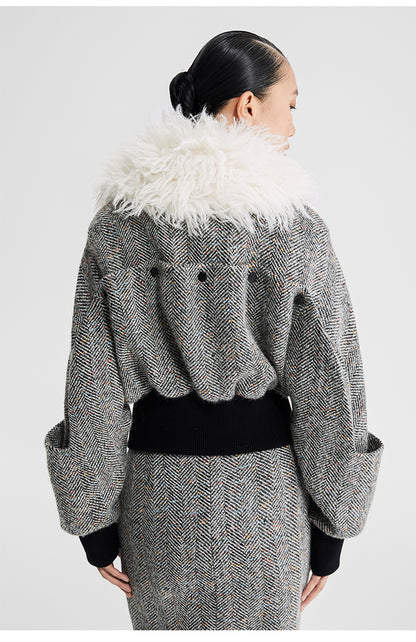 LEDIM W wool fur collar tweed cropped jacket SIll