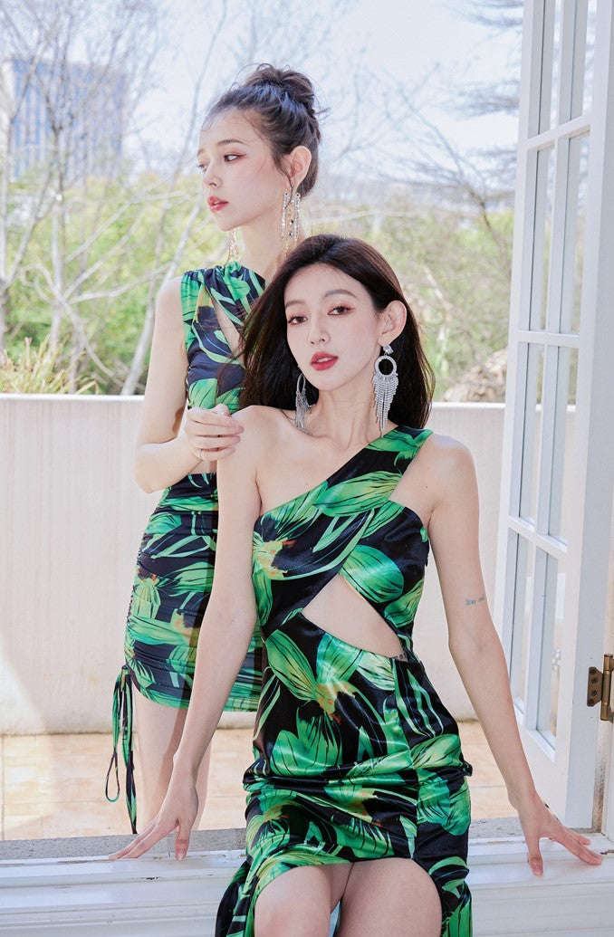 DOLLY High End Green Flower Print Sleeveless Off Shoulder Hip Wrap Pleated Dress-ISA