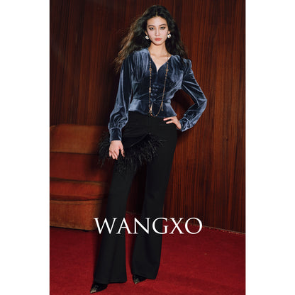WANGXO | Heavy Acetate Wool Double Waistband Floor-Length Horseshoe Pants-NES.