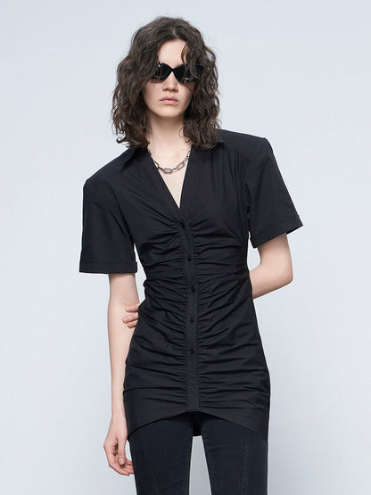 ANNAKIK Black and white pleated waist V-neck dress-FANSIA