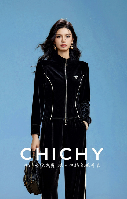 CHICHY slimming classic retro socialite style black velvet two-piece set-ADORA.