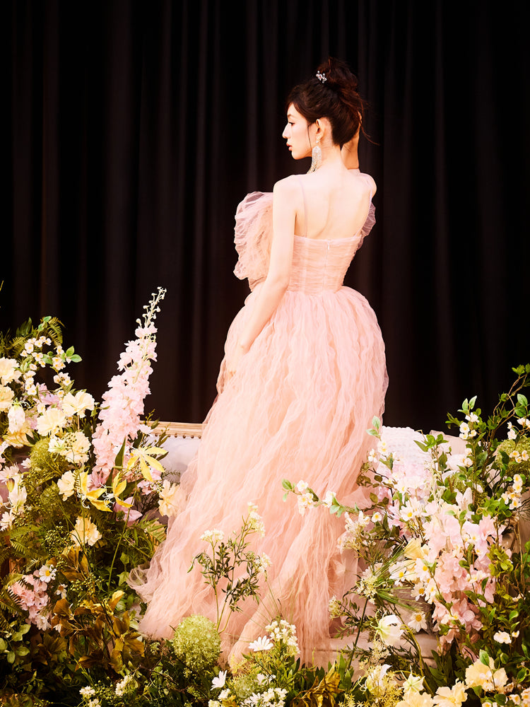 DOLLY Elegant Pink Sleeveless Big Bow Long Pleated Sequin Award Night Dress-CLEO  (V)