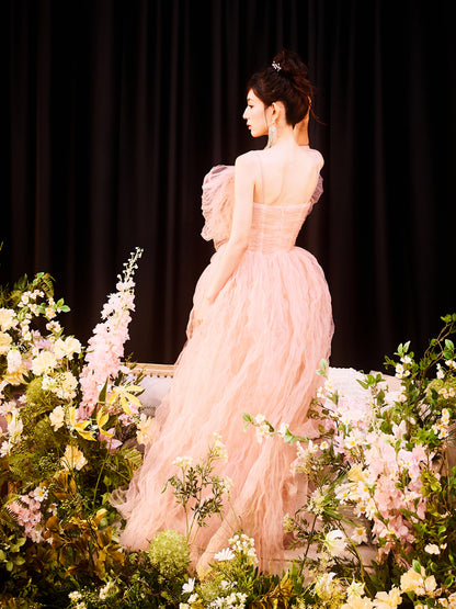 DOLLY Elegant Pink Sleeveless Big Bow Long Pleated Sequin Award Night Dress-CLEO  (V)