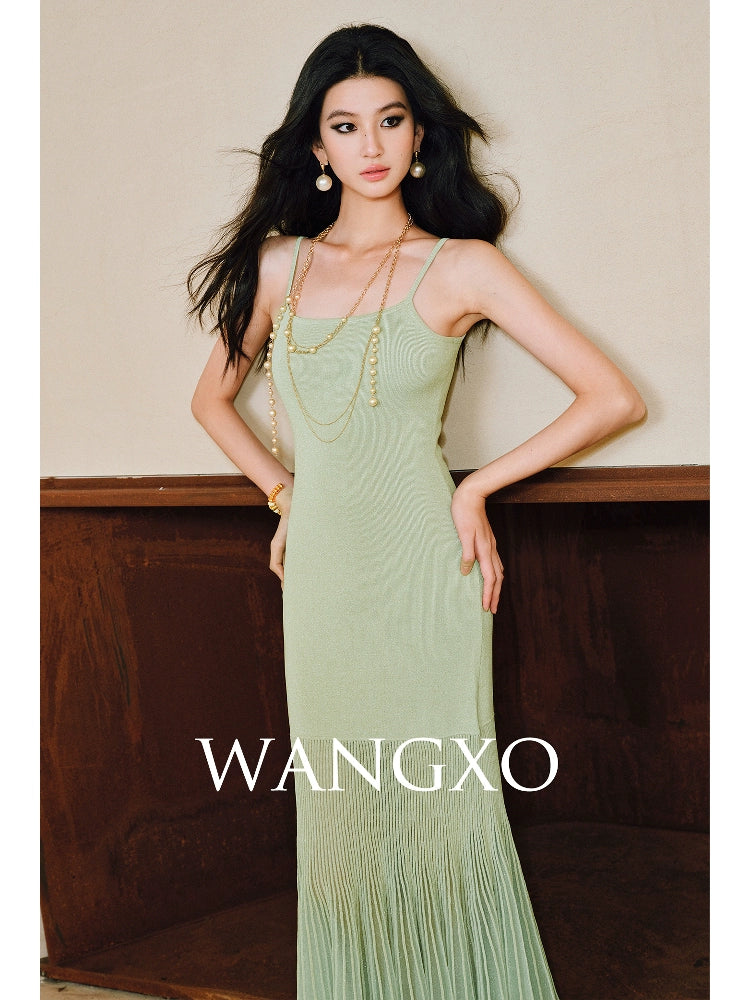 WANGXO | High-Quality Linen Tulle Temperament Suspender Fishtail Dress-LÉYA.