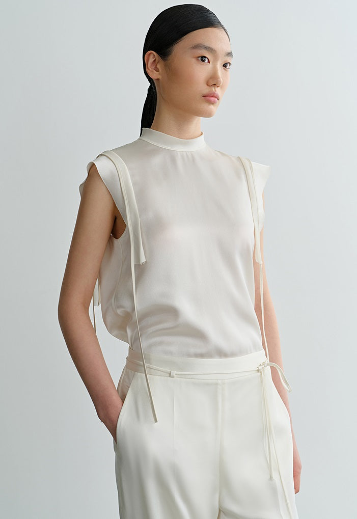 COMME MOI Lv Yan designer summer sleeveless stand collar triple acetate satin top - MEADOW.