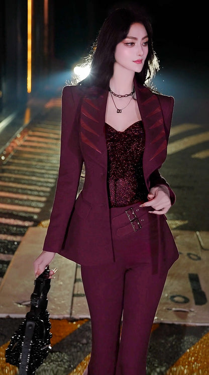 VJE  Burgundy Spliced Small Pants Two-Piece Set  Suit - HANS?