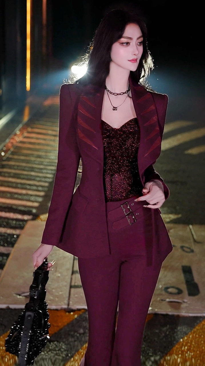 VJE  Burgundy Spliced Small Pants Two-Piece Set  Suit-HANS.