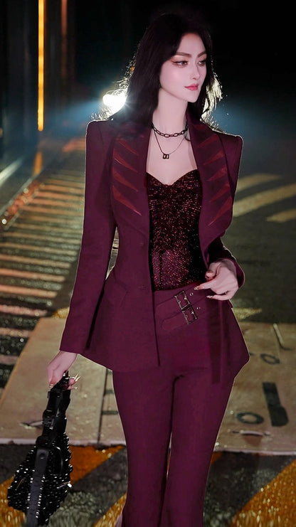 VJE  Burgundy Spliced Small Pants Two-Piece Set  Suit-HANS.