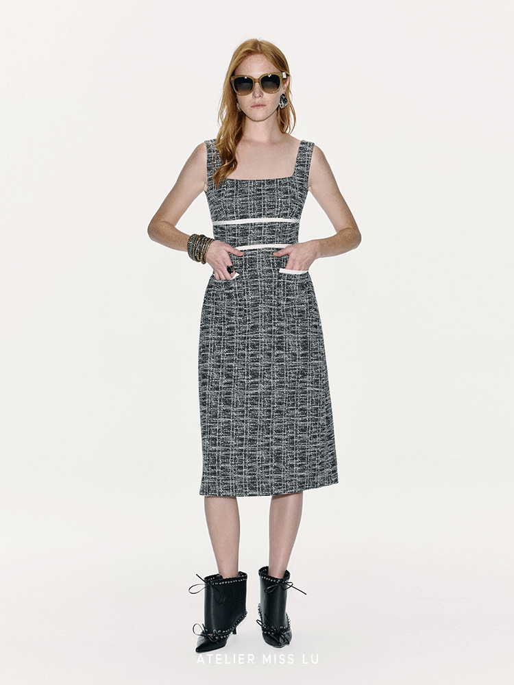 ATELIER MISS LU Contrasting Stitching Small Fragrance Waist Dress - SILVER.