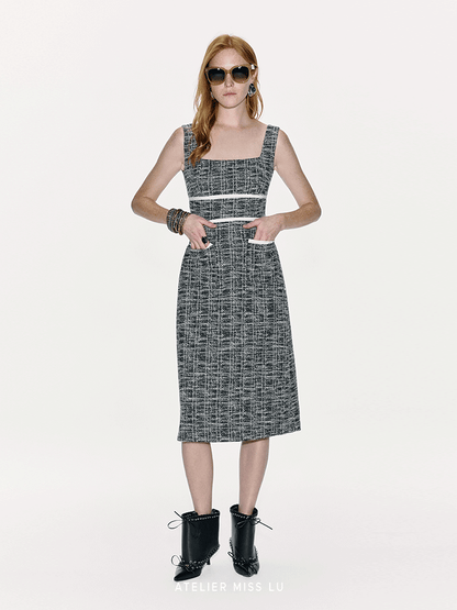 ATELIER MISS LU Contrasting Stitching Small Fragrance Waist Dress - SILVER.