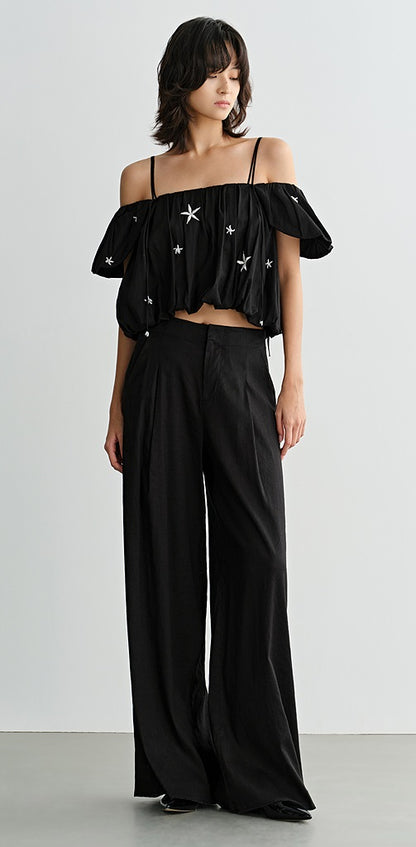 COMME MOI beaded embroidered suspender off-shoulder crop top - SUTTON.