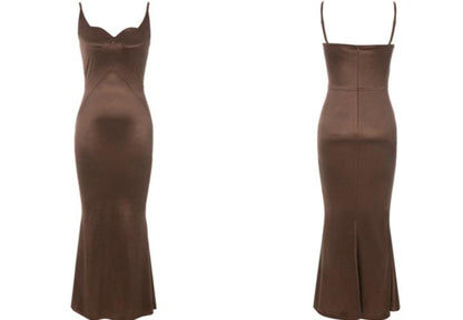 DOLLY Elegant Brown Sleeveless Satin Slim Fit Hip Hug Long Dinner Dress-CRESSIDA